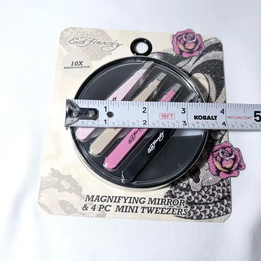Ed Hardy 10X Magnifying Mirror & 4 Pc Mini Tweezers Set Brand New